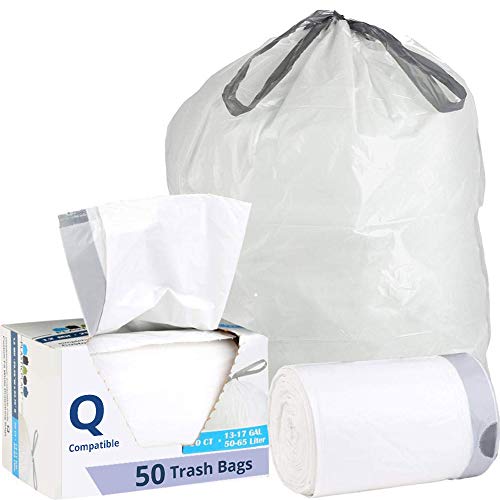 Product Cover Plasticplace Custom Fit Trash Bags│Simplehuman Code Q Compatible (50 Count)│White Drawstring Garbage Liners 13-17 Gallon/40-65 Liter│25.25