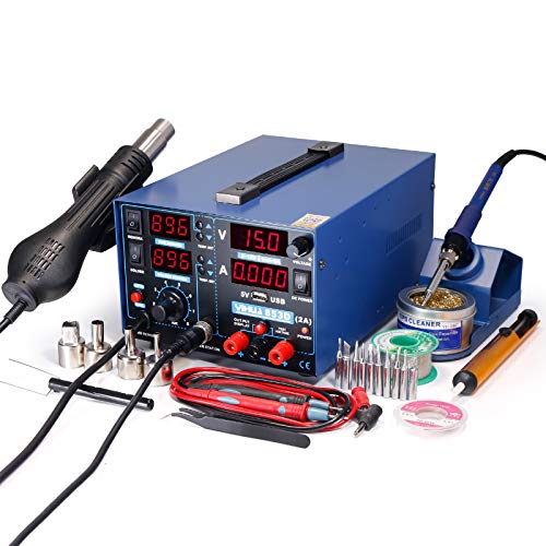 Product Cover YIHUA 853D 2A USB SMD Hot Air Rework Soldering Iron Station, DC Power Supply 0-15V 0-2A with 5V USB Charging Port and 50 Volt DC Voltage Test Meter