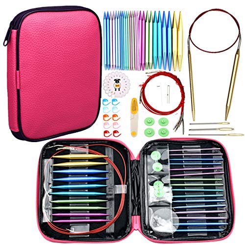 Product Cover Looen 37pcs Aluminum Circular Knitting Needles Set with Ergonomic Handles,13 Size Interchangeable Crochet Needles with Storage Case for Small Project (Style 1)