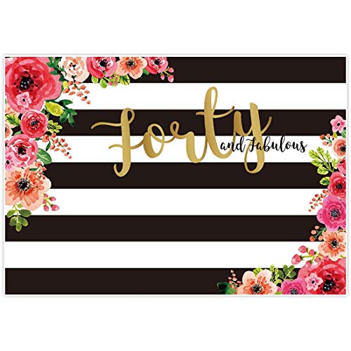Product Cover Allenjoy 7x5ft Fabulous 40th Birthday Backdrops Happy Forty Years Old Adult Women Prom Black White Stripe Gold Glitter Pink Paper Flower Banner Party Decoration Supplies Props Photo Booth Background