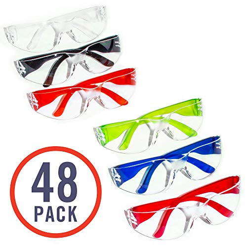 Product Cover 48 Pack of Safety Glasses (48 Protective Goggles in 6 Different Colors) Crystal Clear Eye Protection - Perfect for Construction, Shooting, Lab Work, and More!