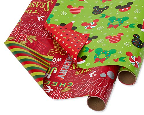 Product Cover Papyrus Foil Christmas Wrapping Paper, Mickey Mouse and Holiday Text Reversible (2 Pack)