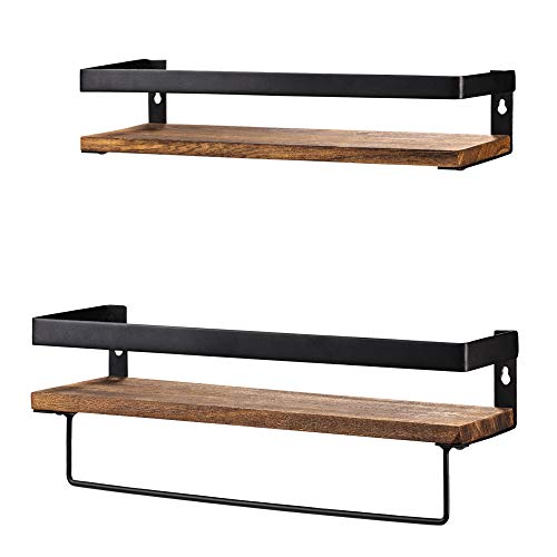 Product Cover Y&ME Bathroom Storage Shelf Wall Mounted Set of 2,Rustic Wood Floating Shelves with Removable Towel Bar,Perfect for Kitchen, Bathroom, Carbonized Brown