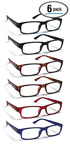 Product Cover 6 Pack Reading Glasses by BOOST EYEWEAR, Traditional Frames in Black, Tortoise Shell, Blue and Red, for Men and Women, with Comfort Spring Loaded Hinges, Assorted Colors, 6 Pairs (+1.25)