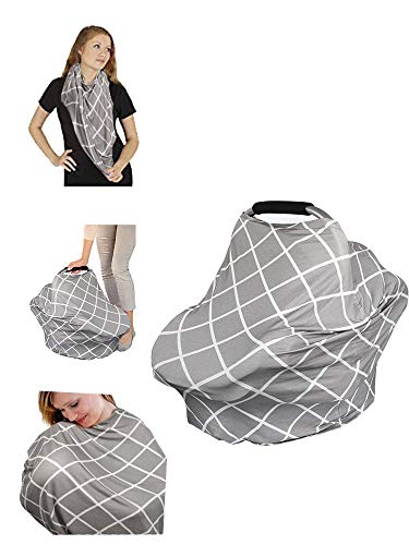 Product Cover HOMMINI Nursing Cover for Breastfeeding Mommies Cover 360° Full Privacy Carseat Canopy for Baby Infant-Gray Square Pattern. Multi-Use as Scarf, or Light Blanket Stroller Cover