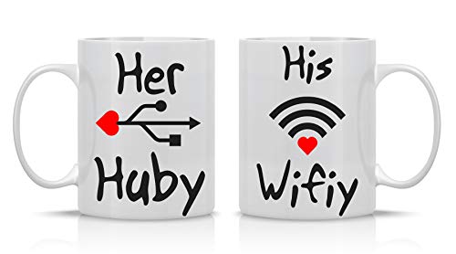 Product Cover His Wifiy, Her Huby - Funny Geek USB WIFI - Funny Couple Mug - (2) 11OZ Coffee Mug - Funny Mug Gift Set - Mugs For Husband and Wife - Cute Wedding Gifts- By AW Fashions