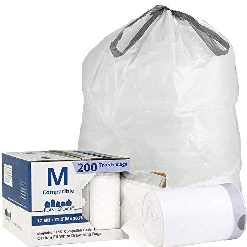 Product Cover Plasticplace Custom Fit Trash Bags │ Simplehuman Code M Compatible (200 Count) │ White Drawstring Garbage Liners 12 Gallon / 45 Liter │ 21.5