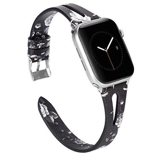 Product Cover Wearlizer Womens Black White Floral Leather Compatible with Apple Watch Bands 38mm 40mm for iWatch Triangle Hole Strap Wristband Replacement Distinctive Dressy Bracelet (Silver Clasp) Series 5 4 3 2 1