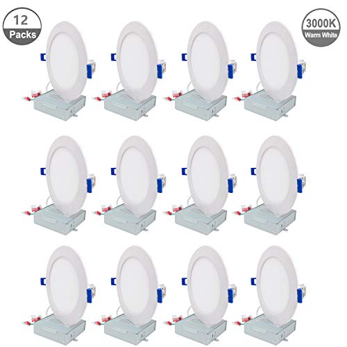 Product Cover JULLISON LED 12 Packs 6 Inch Recessed Low Profile Slim Panel Light with Junction Box, IC Rated Air Tight, 120VAC, 12W, 800 Lumens, 3000K Warm White, CRI80+, Dimmable, Damp, ETL + Energy Star