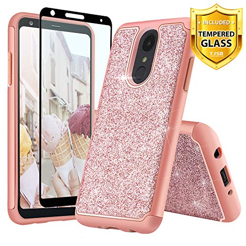 Product Cover TJS Phone Case for LG K40/LG K12 Plus/LG X4/LG Solo LTE/LG Harmony 3/LG Xpression Plus 2, with [Full Coverage Tempered Glass Screen Protector] Glitter Bling Cute Girls Women Heavy Duty (Rose Gold)