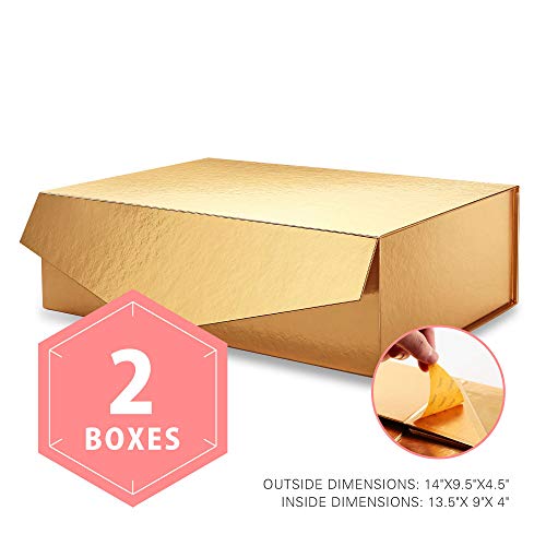 Product Cover PACKHOME Large Gift Boxes Rectangular 14x9.5x4.5 Inches, Bridesmaid Proposal Boxes, Sturdy Storage Boxes, Collapsible Gift Boxes with Magnetic Closure (Glossy Gold, 2 Boxes)