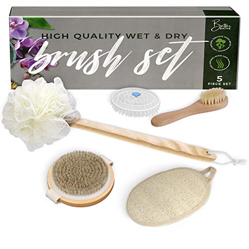 Product Cover Better Bathe Horse Hair Dry Brushing Body Brush 5 Piece Set Back Washer and Body Scrubber for Shower with Loofah Sponge on Long Handle, Boar Bristle Face Brush, Bath Mitt and Soothing Scalp Massager