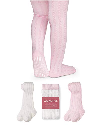 Product Cover LA Active Baby Tights - 2 Pairs - Non Skid/Slip Cable Knit (White & Pink, 0-3 Months)