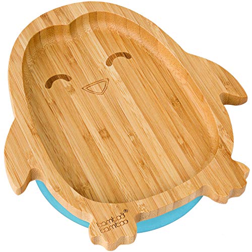 Product Cover Baby Toddler Penguin Suction Plate, Stay Put Feeding Plate, Natural Bamboo (blue)