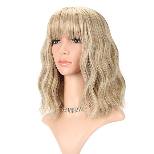 Product Cover Wavy Wig 12 Inch Short Bob Wigs With Air Bangs Shoulder Length Women's Short Wig Curly Wavy Synthetic Cosplay Wig Pastel Bob Wig for Girl Costume Wigs Mix Khaki Blonde Gold color