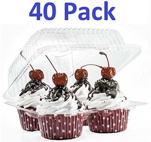 Product Cover 4 Compartment Cupcake Boxes | Clear Plastic Cupcake Container - Disposable Cupcake Holders | Muffin Carrier - Cupcake Clamshell Trays | Cup Cake Packaging Transporter | 40 Pack