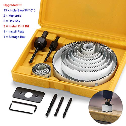 Product Cover 21pcs Carbon Steel Hole Saw Sets kit,Normal Wood, Plywood, Drywall, PVC Board and Plastic Plate, Hole Saws with Mandrels, Hex Key and Install Plate, Cut Diameter 3/4