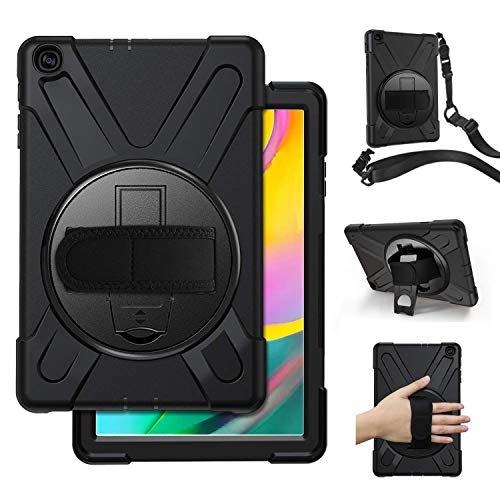 Product Cover Samsung Galaxy Tab A 10.1 Case 2019,SM-T515/T510 Case with Hand Strap,Herize Heavy Duty Full-Body Rugged Protective Shockproof Case Cover W/ 360 Degree Rotatable Stand,Shoulder Strap for Kids,Black