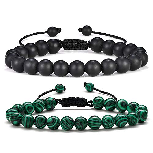Product Cover Malachite Bracelet Gifts for Men- Natural Green Malachite Stone Black Matte Agate Womens Anxiety Healing Bracelets, Elastic Malachite Bracelet Wedding Gifts Bridal Shower Gifts Bridesmaid Gifts