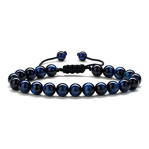 Product Cover M MOOHAM Bead Bracelet Gifts for Men - Natural Blue Tiger Eye Stone Womens Anxiety Bracelets, Stress Relief Yoga Beads Adjustable Healing Bracelet Bridal Shower Gifts Wedding Gifts