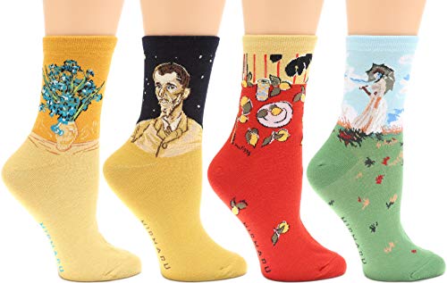 Product Cover Women's 4 Pairs Novelty Crew Socks by MIRMARU | Colorful, Crazy, Funny, Casual, Famous Painting Art Printed Cotton Socks (W-L-187)