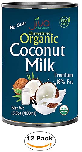 Product Cover Organic Coconut Milk 13.5 Oz (Pack Of 12) Premium - Unsweetened, Full 18% Fat, Vegan, Paleo, No Guar Gum, Bpa Free, Keto Friendly - By Jiva Organics