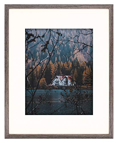Product Cover Frametory, Frame with Ivory Mat for Photo - Smooth Wood Grain Finish - Sawtooth Hangers, Real Glass - Landscape/Portrait, Wall Display (Grey, 16x20 Frame for 11x14 Photo)