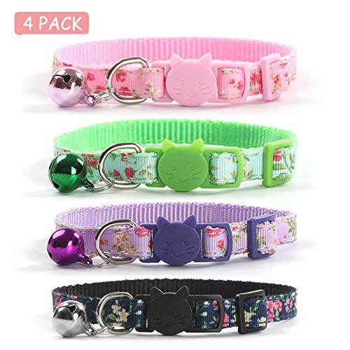 Product Cover CHUKCHI 4 Pcs Cat Collars Safety Quick Release with Bell-Adjustable Cat Collar with Small Floral Colorful Patterned Soft Strong Nylon Strip for Cat, Pup, Kitty