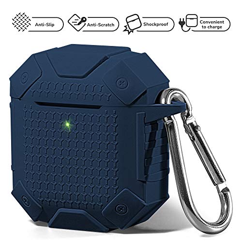 Product Cover GMYLE Silicone Case for AirPods, Luxury Heavy Duty Armor Defender Protective Shockproof Wireless Charging Airpod Cover Skin with Keychain Accessory kit Compatible for Apple AirPods 1 & 2, Navy Blue