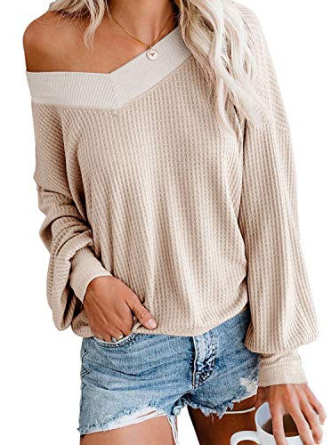 Product Cover Adreamly Women's V Neck Long Sleeve Waffle Knit Top Off Shoulder Oversized Pullover Sweater