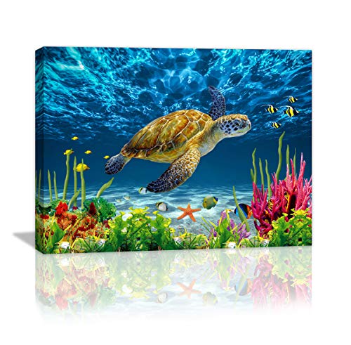 Product Cover Bathroom Wall Decor Blue Ocean Sea Turtle Wall Art Poster Artwork For Home Decor 1 Panel Canvas Prints Picture Seaview Bottom View Beneath Bathroom Decor Sea turtle Canvas Painting Size:12