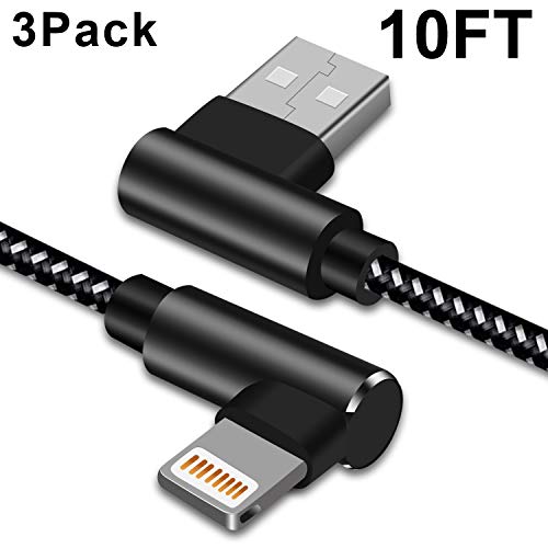 Product Cover 90 Degree iPhone Charger 10 FT Braided Lightning Cable 3 Pack Right Angle Charging & Syncing Cord Compatible with iPhone/XS/XR/X/8/7/6/iPad etc.(Black White,10ft)