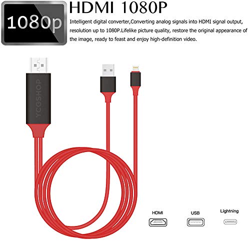 Product Cover HDMI Cable to TV for iPhone, Digital 1080P to 4K HDTV Displayport Adapter, 6.6ft Lighting Cable Cord Connector Compatible for iPhone Xs Max X 8 7 6 Plus iPad Pro Air Mini iPod - Plug and Play (Red)