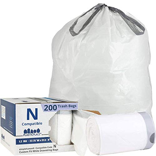 Product Cover Plasticplace Custom Fit Trash Bags│Simplehuman Code N Compatible (200 Count)│White Drawstring Garbage Liners 12-13 Gallon/45-50 Liter│22.75