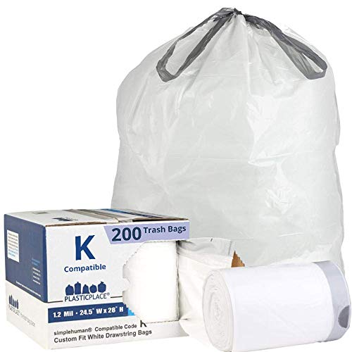 Product Cover Plasticplace Custom Fit Trash Bags │ Simplehuman Code K Compatible (200 Count) │ White Drawstring Garbage Liners 10 Gallon / 38 Liter │ 24.4