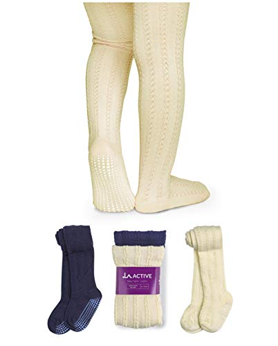 Product Cover LA Active Baby Tights - 2 Pairs - Non Skid/Slip Cable Knit (Cream & Navy, 6-12 Months)