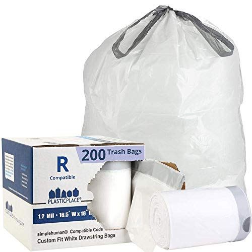 Product Cover Plasticplace Custom Fit Trash Bags │ Simplehuman Code R Compatible (200 Count) │ White Drawstring Garbage Liners 2.6 Gallon / 10 Liter │ 16.5