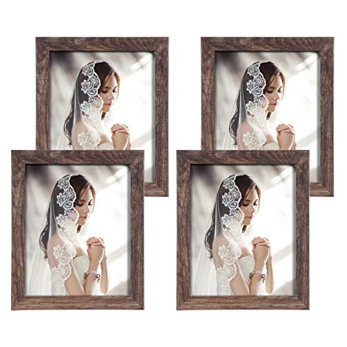 Product Cover Q.Hou 8x10 Picture Frame Wood Patten Rustic Brown Photo Frames Packs 4 with High Difinition Glass for Tabletop or Wall Decor (QH-PF8X10-BR)