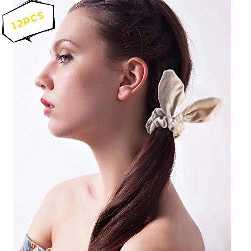 Product Cover Velvet Scrunchies for Hair, 12 Pcs Bunny Scrunchies Assorted Colors Velvet Hair Ties for Women or Girls Hair Accessories