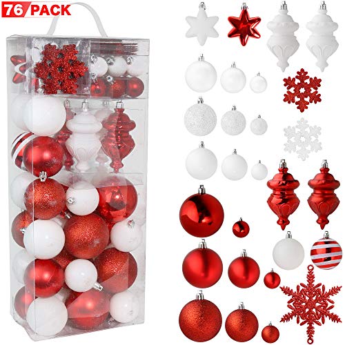 Product Cover RN'D Christmas Snowflake Ball Ornaments - Christmas Hanging Snowflake and Ball Ornament Assortment Set with Hooks - 76 Ornaments and Hooks (Red & White)