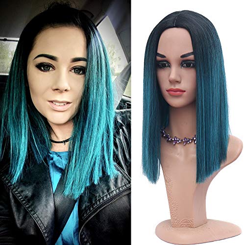 Product Cover Suri 14 Inches straight Ombre Blue synthetic wigs for women, Short Bob wigs Centre Parting Dark Roots Half-Hand Tie Hair, Heat Resistant Fiber wig Natural hair