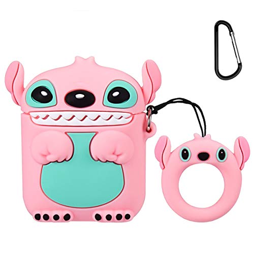 Product Cover Mulafnxal Compatible with Airpods 1&2 Case,Cute Cartoon Character Silicone Airpod Funny Cover,Kawaii Fun Cool Keychain Design Skin,Fashion Cases for Girls Kids Teens Boys Air pods(3D Pink Stitch)