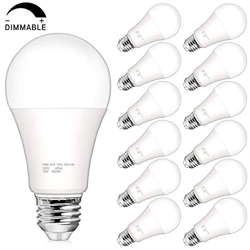 Product Cover Dimmable A19 LED Light Bulbs, 100 Watt Equivalent LED Bulbs, 1200 Lumens, 5000K Daylight White, E26 Medium Screw Base, No Flicker, CRI 80+, 25000+ Hours Lifespan, Pack of 12