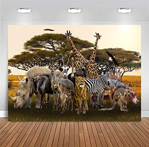 Product Cover Fanghui 7x5ft Tropical African Forest Jungle Safari Scenic Backdrop Large Banner Realistic Animals Giraffe Antelope Lion Photography Background Supplies Photobooth Props