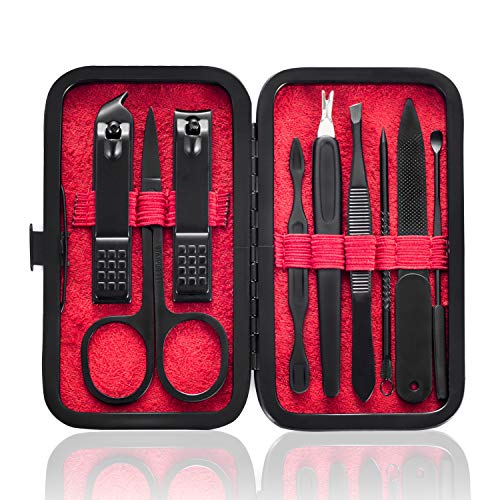 Product Cover Manicure Set 9 in 1 Stainless Steel, Nail Clippers Scissors Pedicure Tools Kit - Portable Travel Grooming Kit for Men and Women with Black/Red Leather Case (Red)