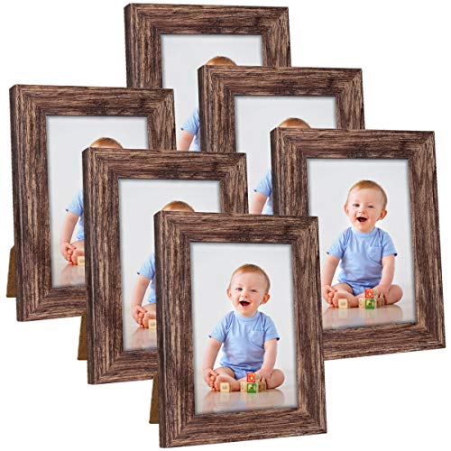 Product Cover Q.Hou 4x6 Picture Frame Wood Pattern Rustic Brown Photo Frames Packs 6 with High Definition Glass for Tabletop or Wall Decor (QH-PF4X6-BR)