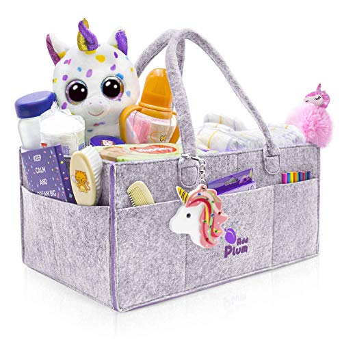 Product Cover Baby Diaper Caddy Organizer - Portable Large Gray Felt Diaper Caddy Tote for Changing Table - Boy Girl Shower Gift Basket - Nursery Storage Bin and Car Travel Organiser for Diapers and Baby Wipes
