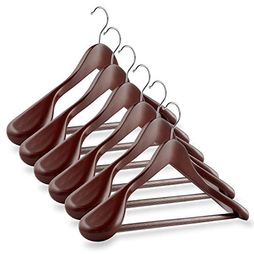 Product Cover Casafield - 6 Cherry Wide Shoulder Wooden Suit Hangers - Premium Lotus Wood, Non-Slip Pant Bar & Chrome Swivel Hook for Dress Clothes, Coats, Jackets, Pants, Shirts, Skirts