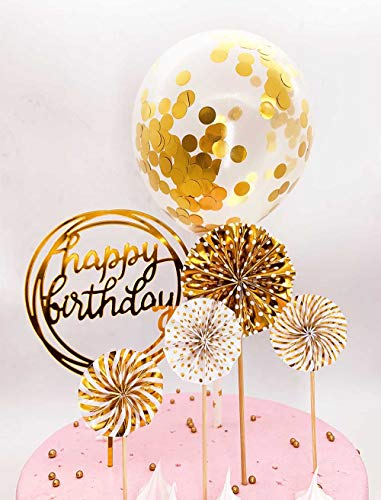Product Cover DeMissir Happy Birthday Cake Toppers, A Series of Golden Paper Fans, Acrylic Round Happy Birthday Golden Cupcake Topper, Confetti Balloon Birthday Cake Supplies Decorations Set-Golden