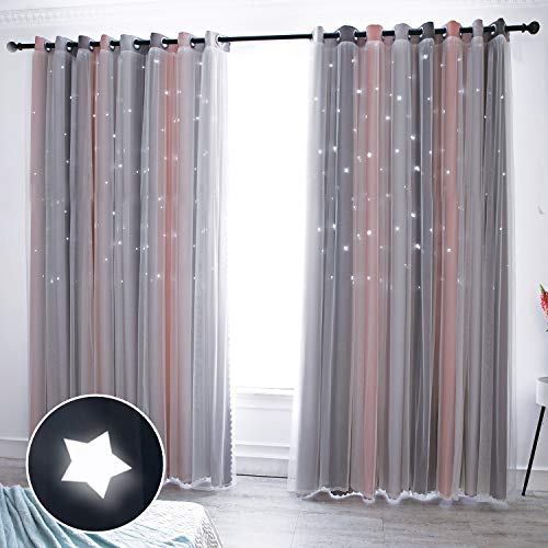 Product Cover Hughapy Star Curtains Stars Blackout Curtains for Kids Girls Bedroom Living Room Colorful Double Layer Star Cut Out Stripe Window Curtains, 1 Panel -(52W x 63L, Pink/Grey)
